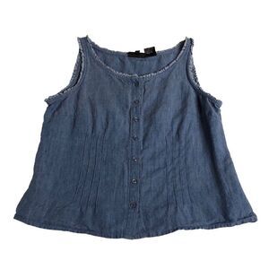 Vintage Willi Smith Top Womens M Blue Linen Sleeveless Ruffle Pintuck Tank Y2K